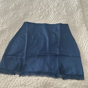 Navy Satin Mini Skirt with Lace Trim